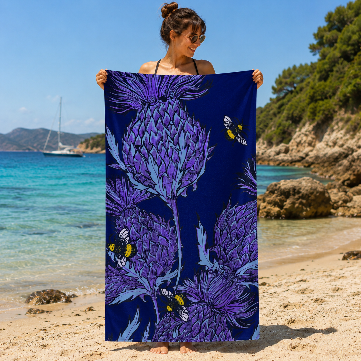 Midnight Thistle Beach Towel