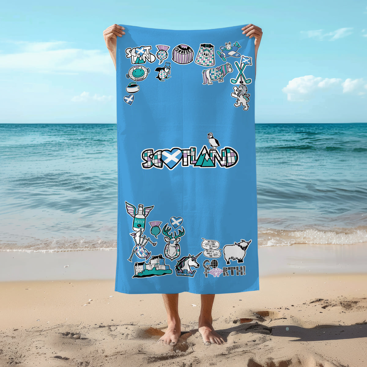 Stuck On Scotland Beach Towel - blue