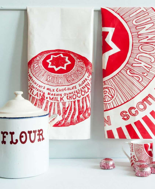 Kitchen Tea Towels with Tunnock's Teacake illustrations by Gillian Kyle