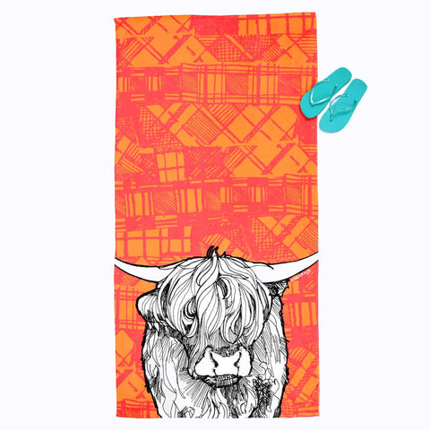 tartan-highland-cow-orange-scottish-beach-towel-gillian-kyle