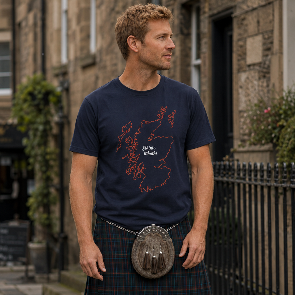 Man wearing a navy t-shirt with a map design and a tartan kilt standing on a street.