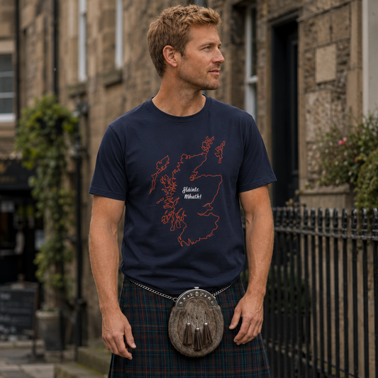 Man wearing a navy t-shirt with a map design and a tartan kilt standing on a street.