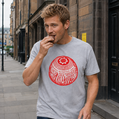 Man wearing a gray t-shirt with a red logo, eating something on a city street.