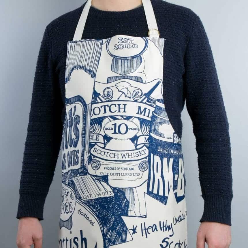 Kitchen Tea Towel with Scottish Breakfast design by Gillian Kyle (on model)