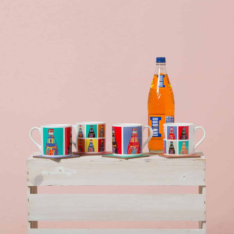 Irn Bru mugs and coasters from merchandise range by Gillian Kyle