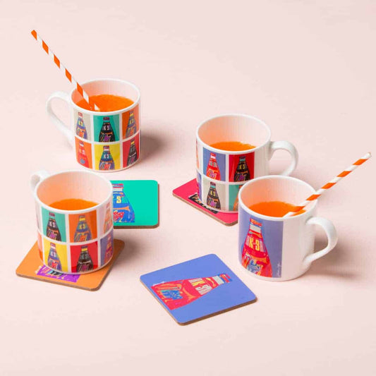 Irn Bru mugs and coasters from merchandise range by Gillian Kyle