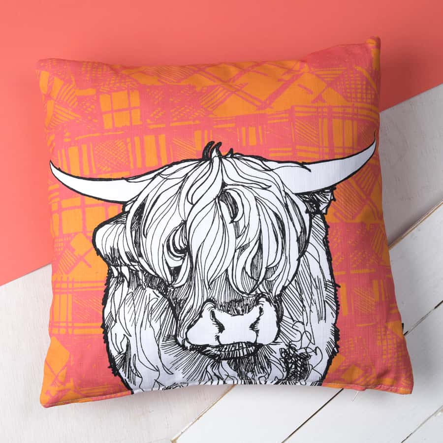 tartan-highland-cow-cushion-scotland-map-celadon-front-gillian-kyle-scottish-artist-