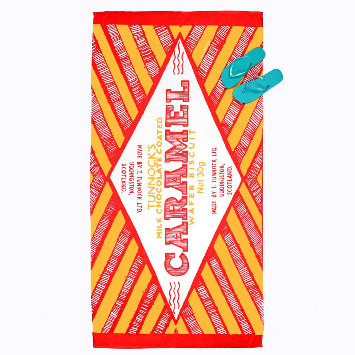 tunnocks-caramel-wafer-scottish-beach-towel-gillian-kyle